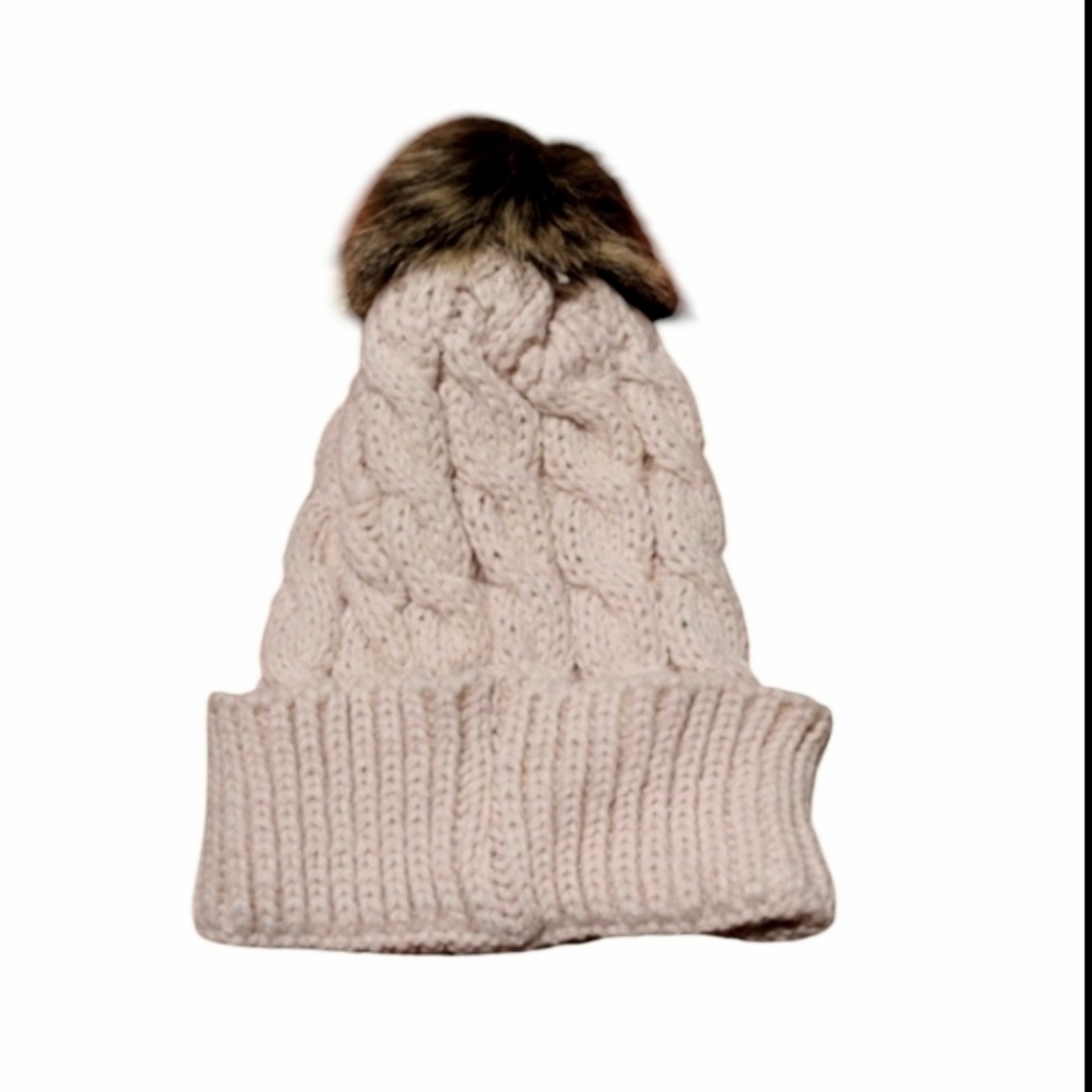 Super Soft Stretchy Pink Cable Knit Beanie With Fluffy Tan Pom Size All